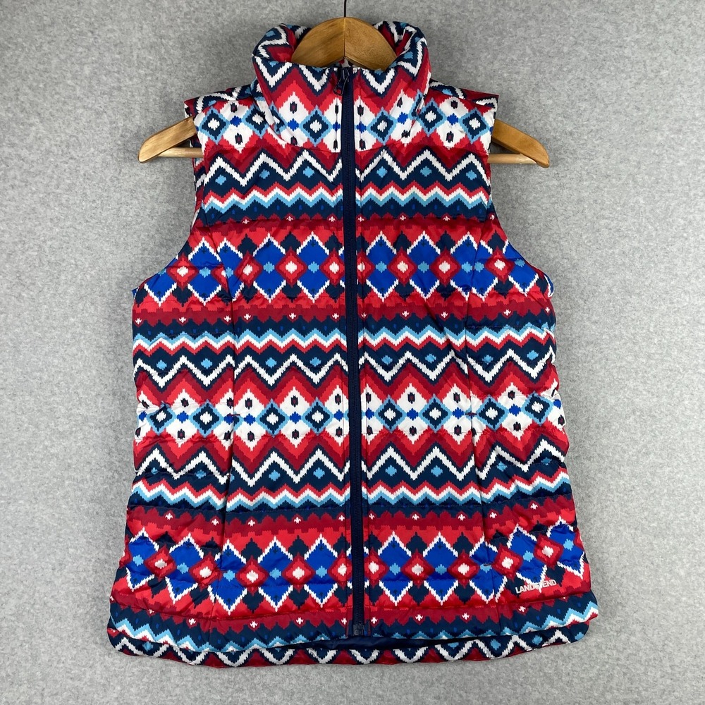 Lands End Jacket Women XS Red White Vest Chevron Puffer Down Aztec Southwest New